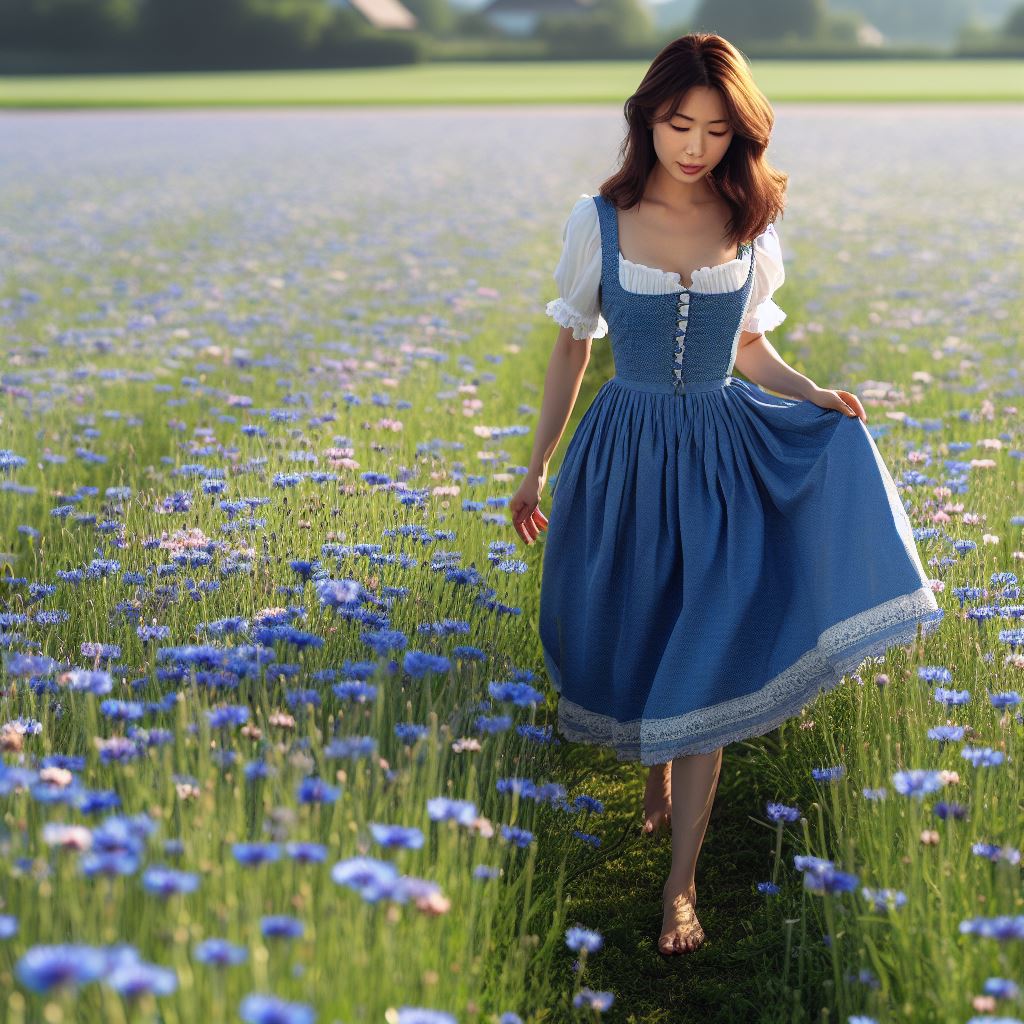 beautiful lady in blue dirndl dress walking through a cornflower field