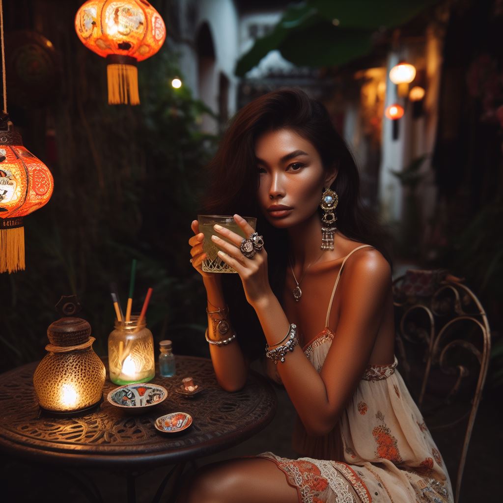 Beautiful Asian lady in boho style dress, sipping absinthe at the secret tea garden, wearing boho jewelry from Avanova Design