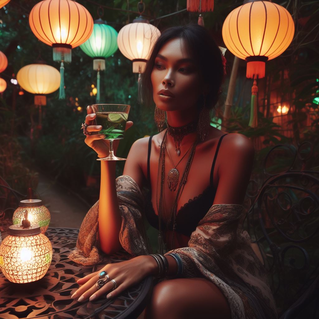 Beautiful Asian lady in bohemian dress, sipping absinthe at the secret tea garden